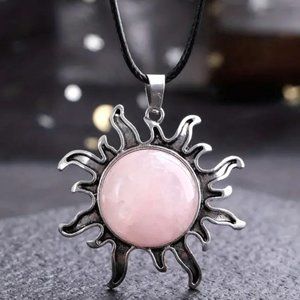 Rose Quartz Natural Stone Sun Shaped Pendant Necklace Healing Gemstone Pendant